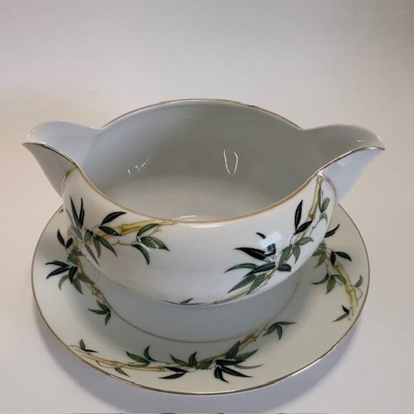 Kent Bali Hai China Gravy Boat/Attached Underplate Bamboo On Rim, Cream Rim VTG - Picture 8 of 16